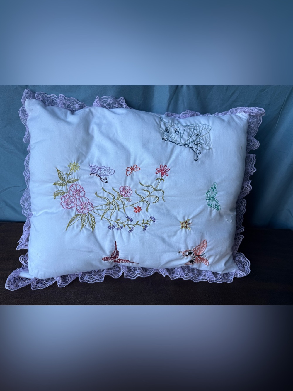 Vintage Handmade Lavender Embroidered Butterfly Floral Lace Trim Pillow